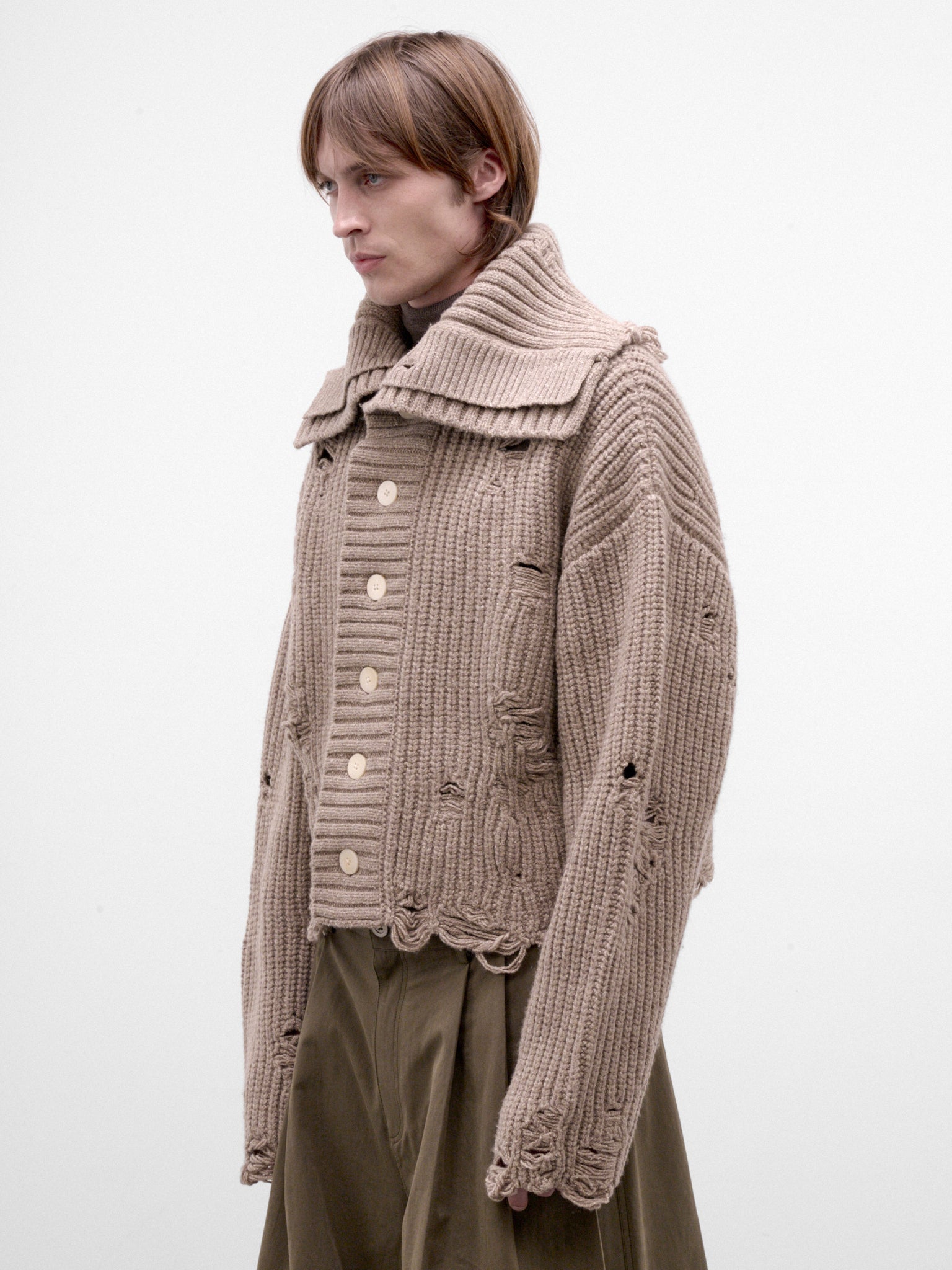 Khaki Distressed Knit Cardigan (AW26-005-03K-KHAKI)