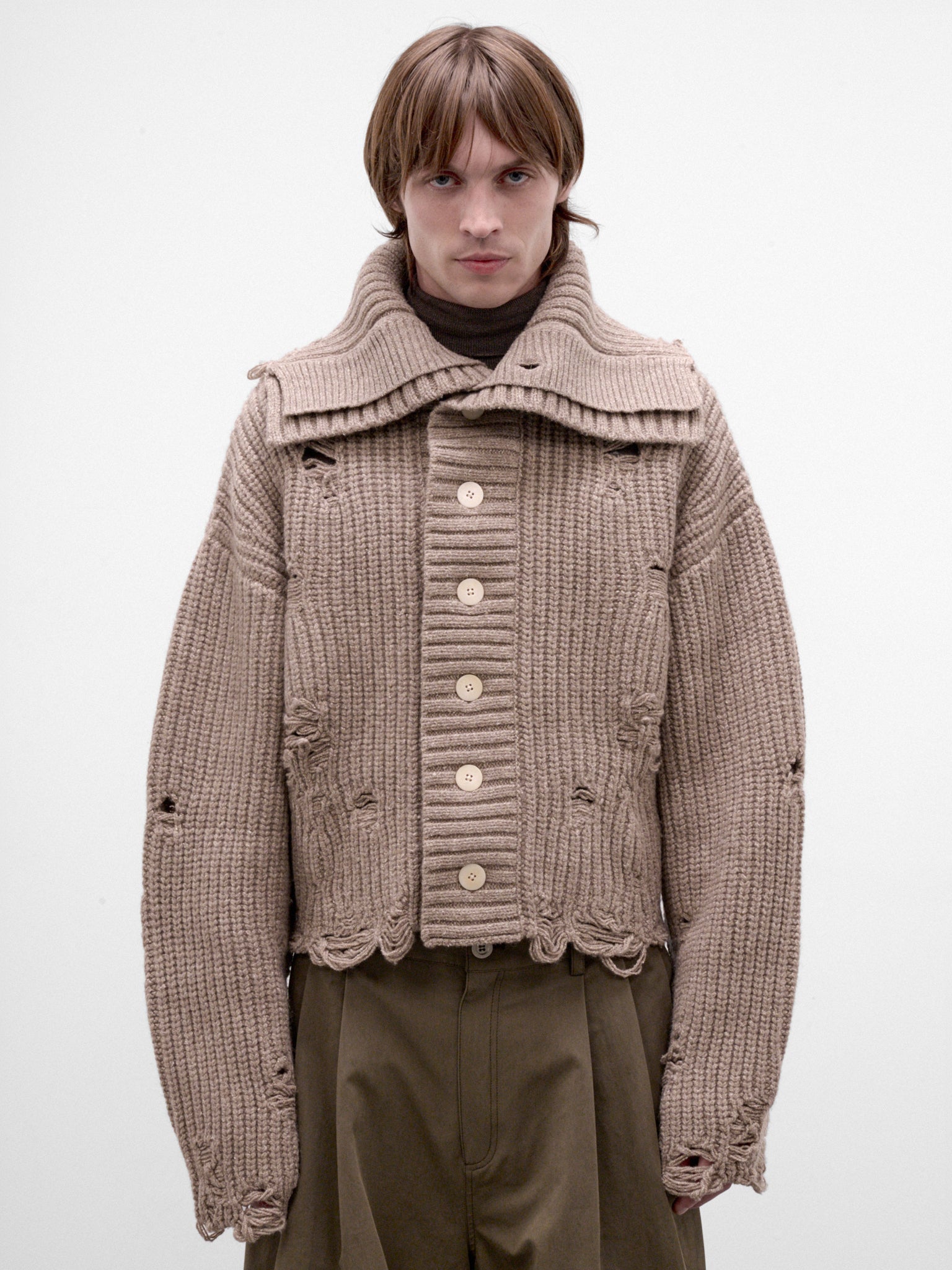 Khaki Distressed Knit Cardigan (AW26-005-03K-KHAKI)