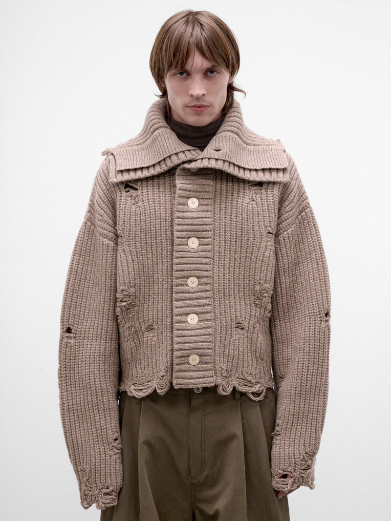 Khaki Distressed Knit Cardigan (AW26-005-03K-KHAKI)