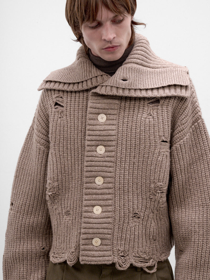 Khaki Distressed Knit Cardigan (AW26-005-03K-KHAKI)