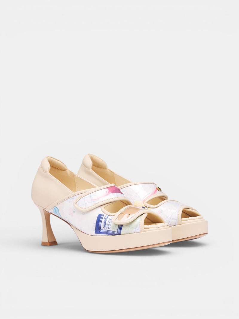 Trash Grid Velcro Kitten Heels (AWSS2600156-TRASH-BLUE-GRID)