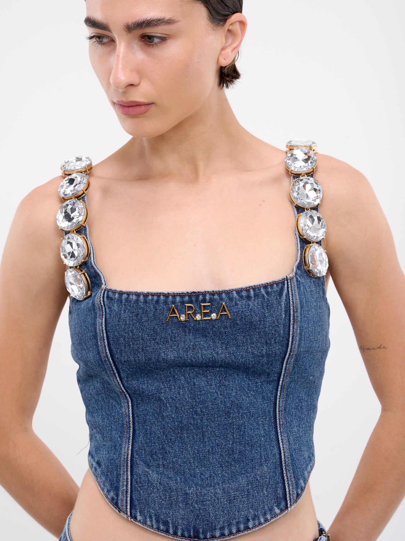 Jumbo Crystal Denim Corset Top (AWTP0011DE01-BLUE-MEDIUM-WASH)