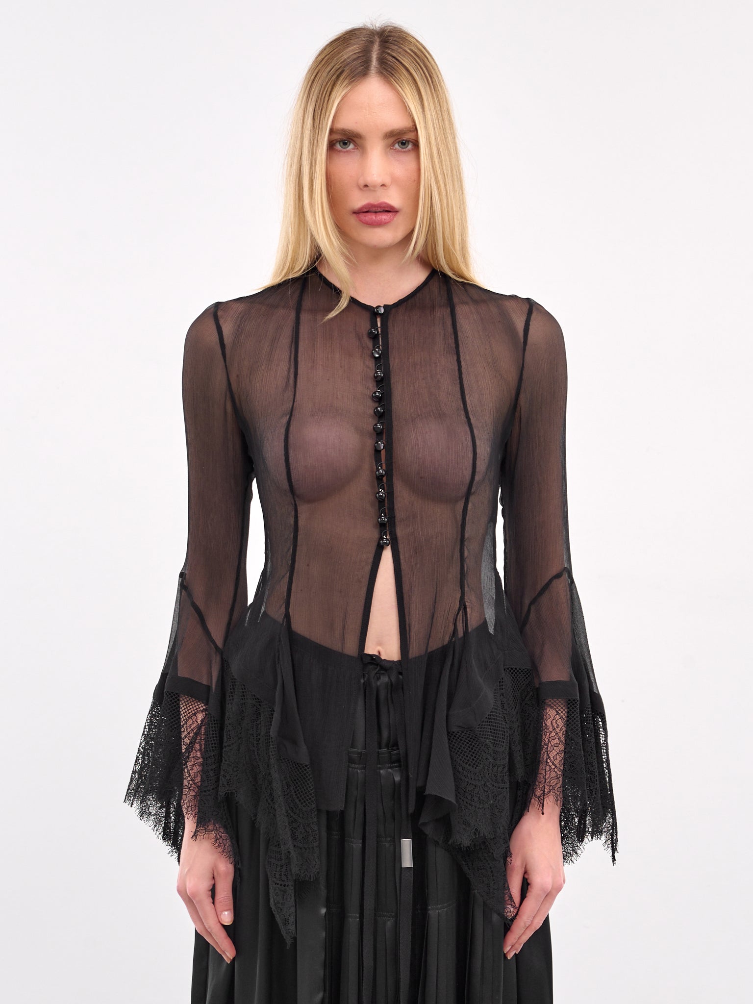 Sheer Lace Cuff Blouse (B0012789-FA608-BLACK)