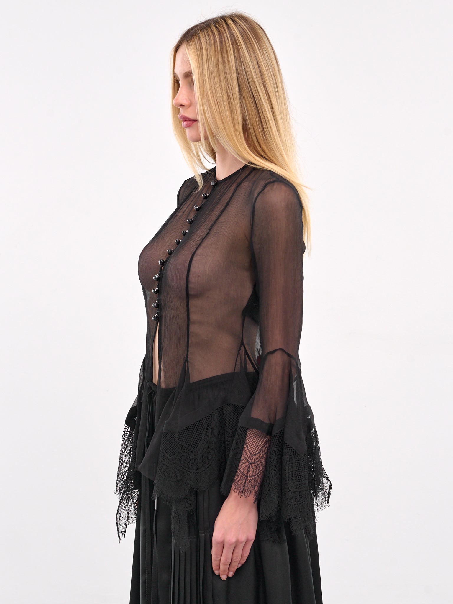 Sheer Lace Cuff Blouse (B0012789-FA608-BLACK)