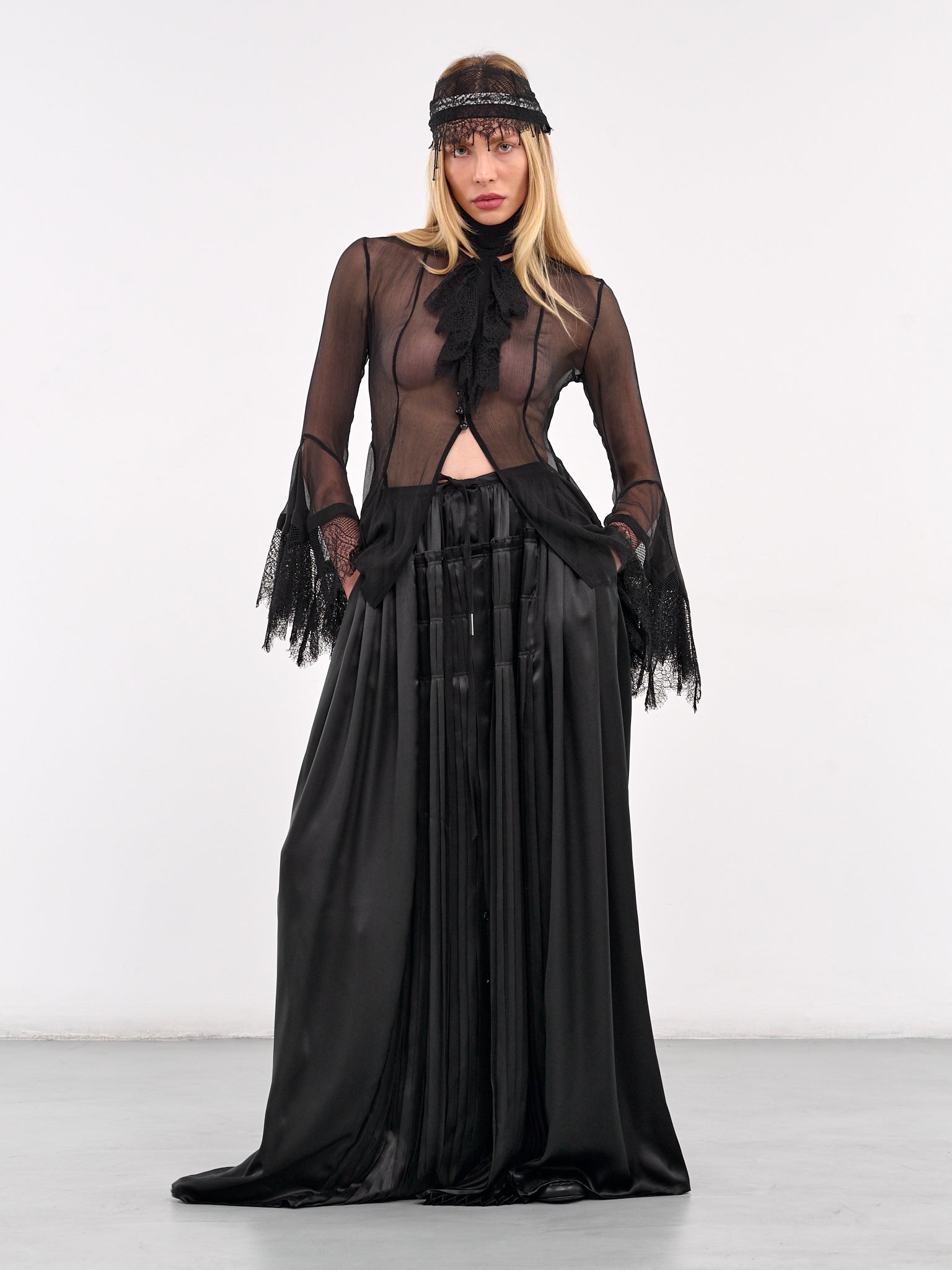 Sheer Lace Cuff Blouse (B0012789-FA608-BLACK)