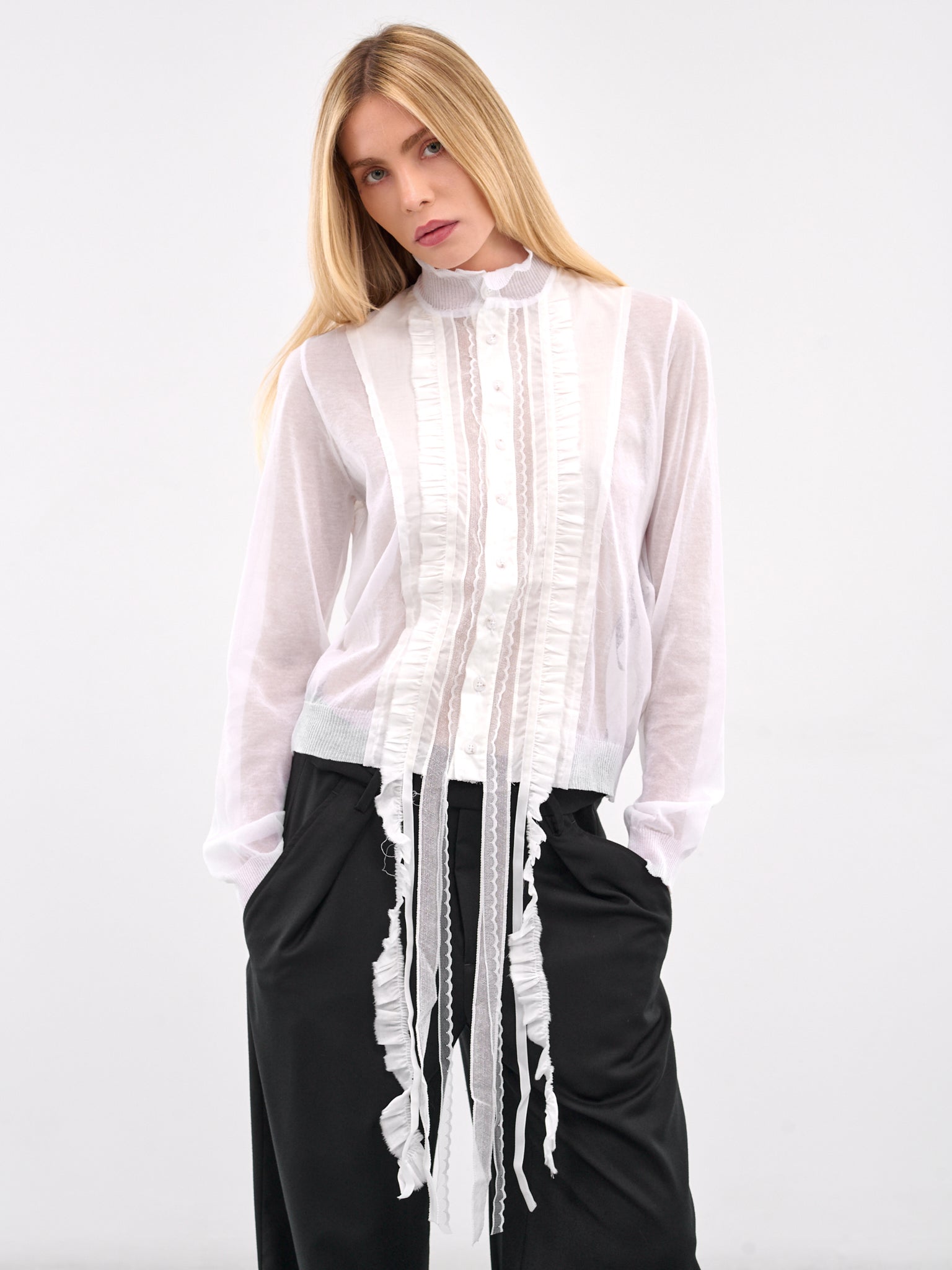 Frilled Trim Cardigan (B0012852-KN008-NATURAL-WHITE)