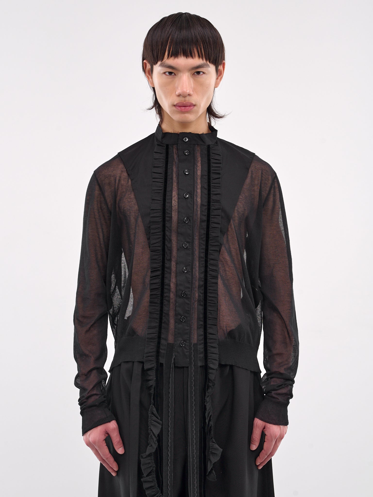 Sheer Shirred Trim Cardigan (B0012865-KN008-BLACK)