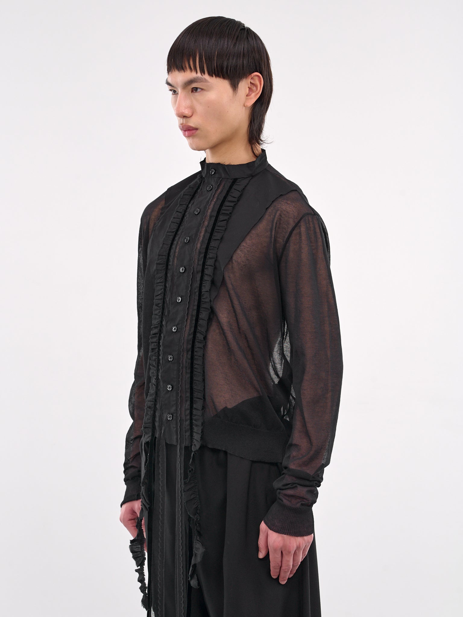 Sheer Shirred Trim Cardigan (B0012865-KN008-BLACK)