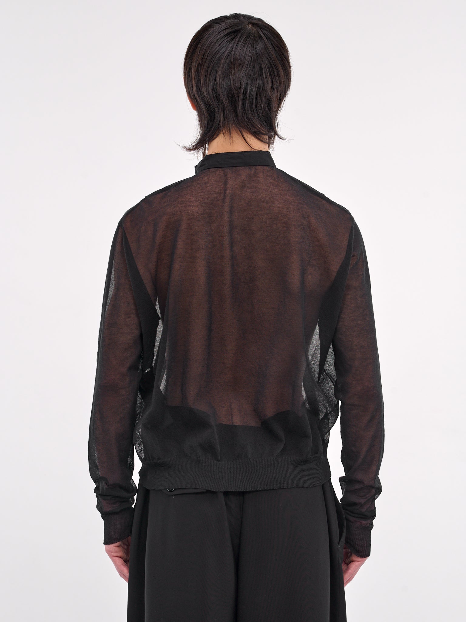 Sheer Shirred Trim Cardigan (B0012865-KN008-BLACK)