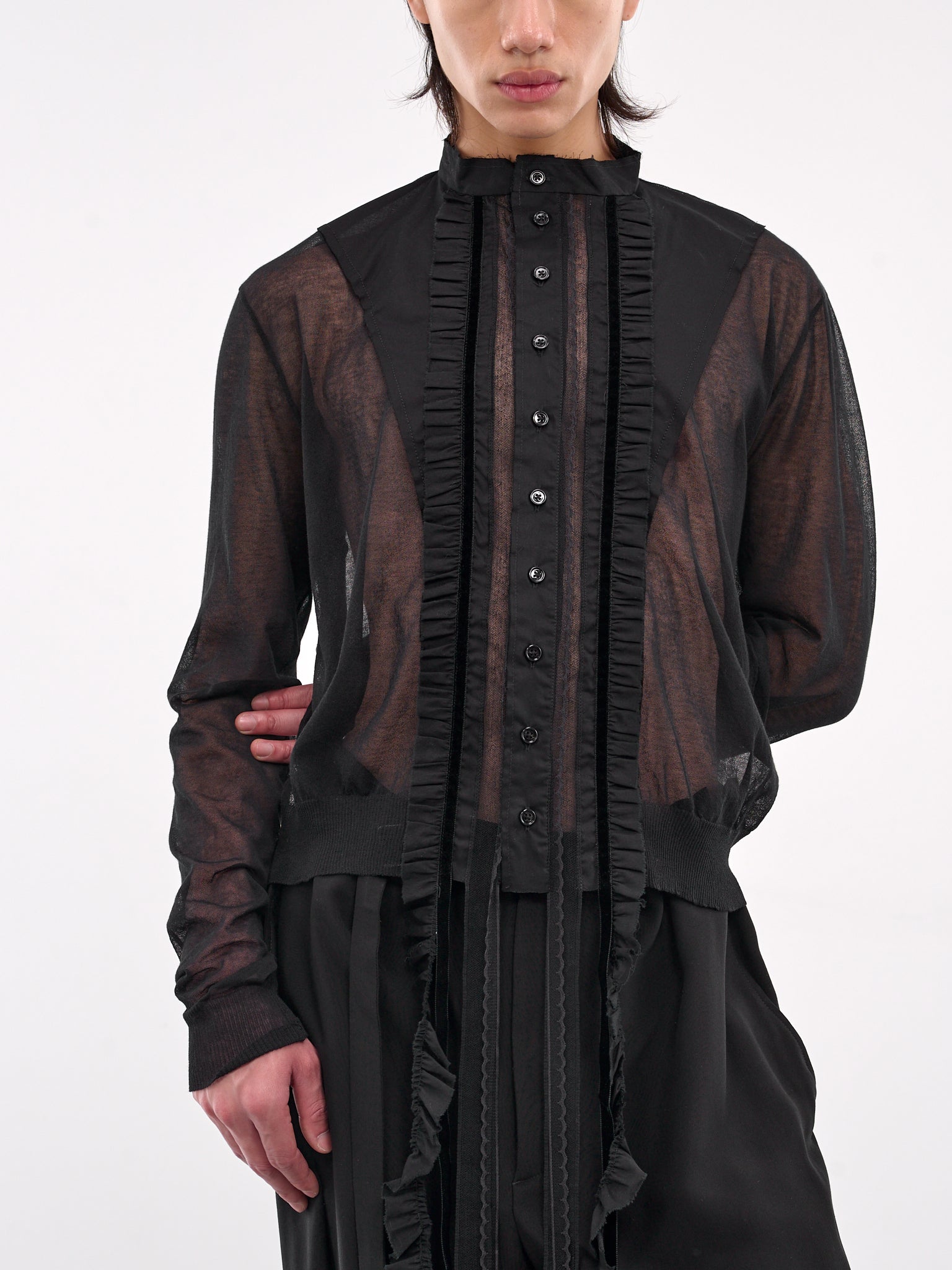 Sheer Shirred Trim Cardigan (B0012865-KN008-BLACK)