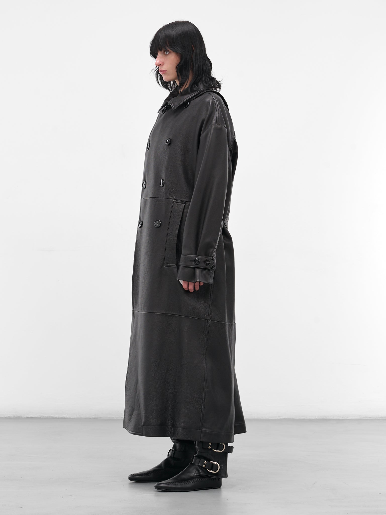 Black Ansa Leather Trench Coat (B0013109-LT038-BLACK)