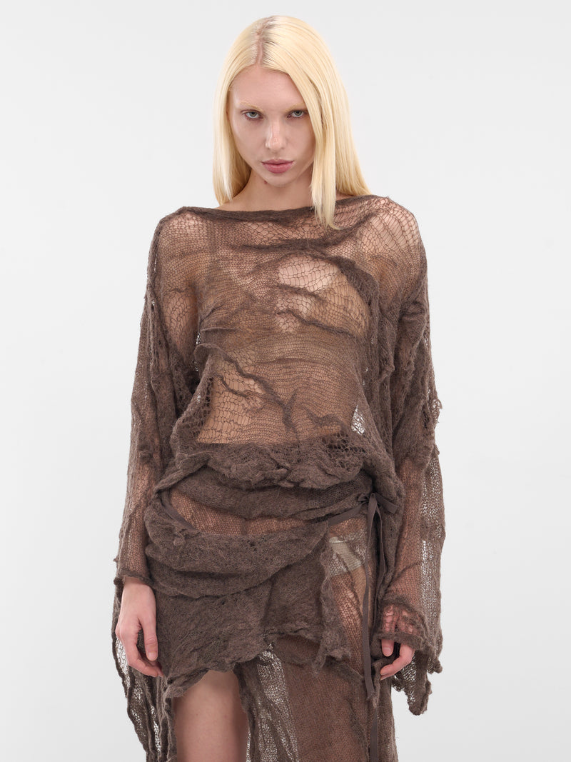 Beige Cilia Off-Shoulder Sheer Sweater (B0013475-KN076-BEAVER)