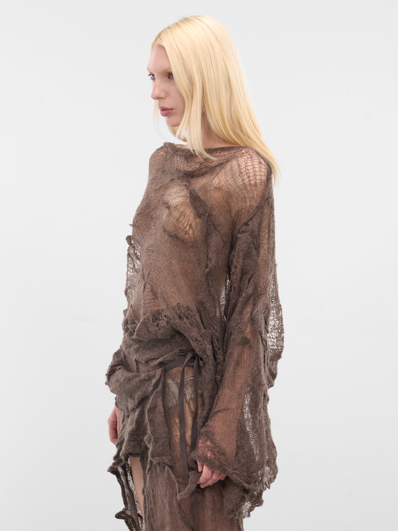 Beige Cilia Off-Shoulder Sheer Sweater (B0013475-KN076-BEAVER)