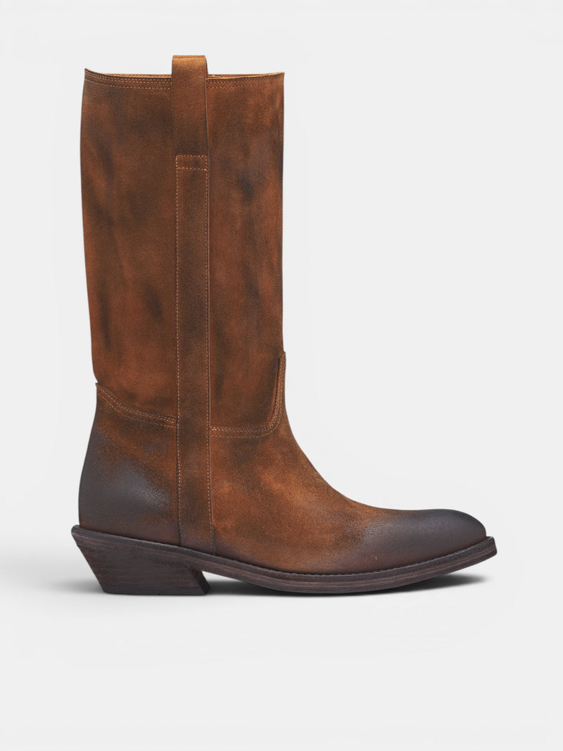 Laxit Brown Suede Cowboy Boots (B0014062-LT194-SAND-OFF-BLACK)