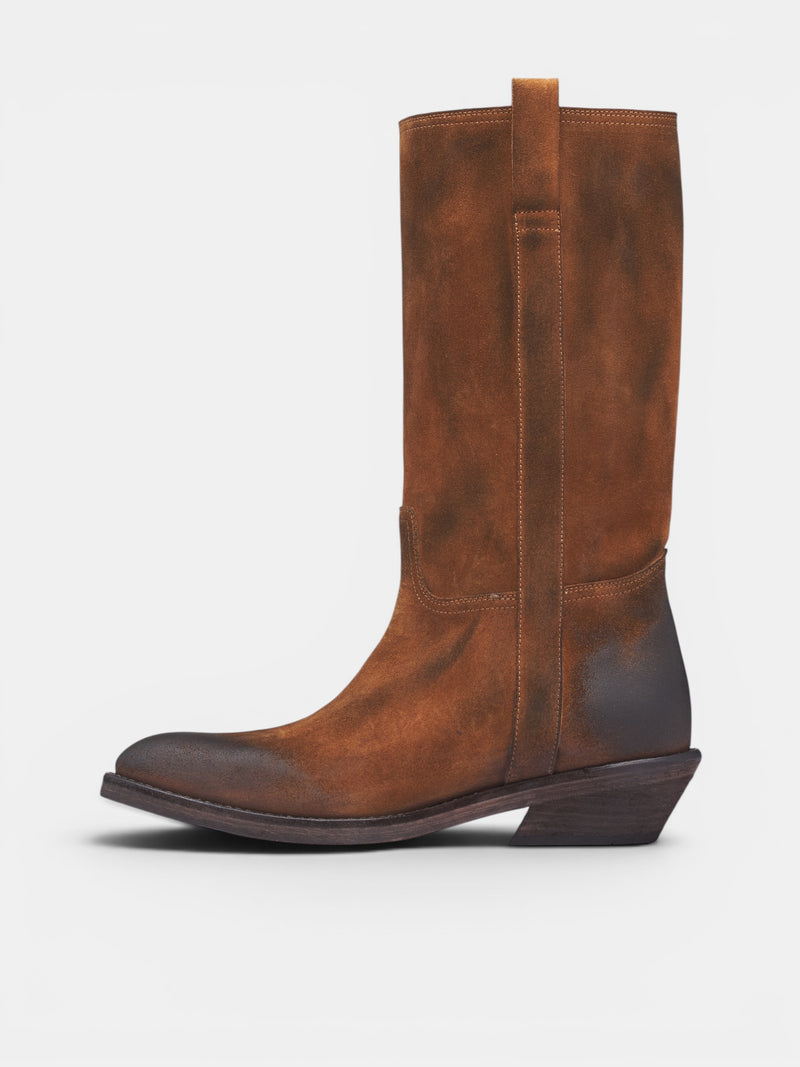 Laxit Brown Suede Cowboy Boots (B0014062-LT194-SAND-OFF-BLACK)