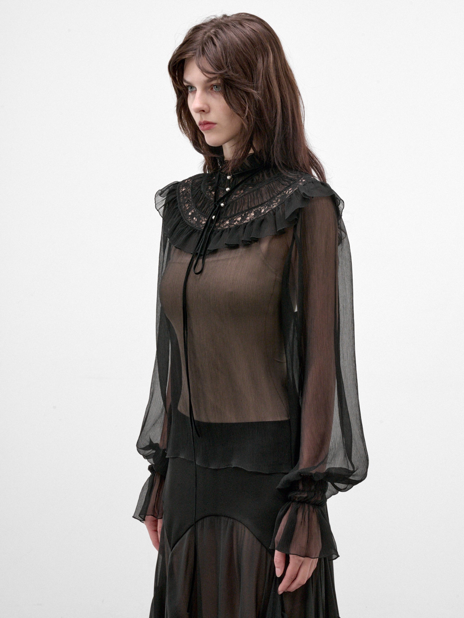 Palvi Sheer Silk Ruffled Top (B0014416-FA732-BLACK)