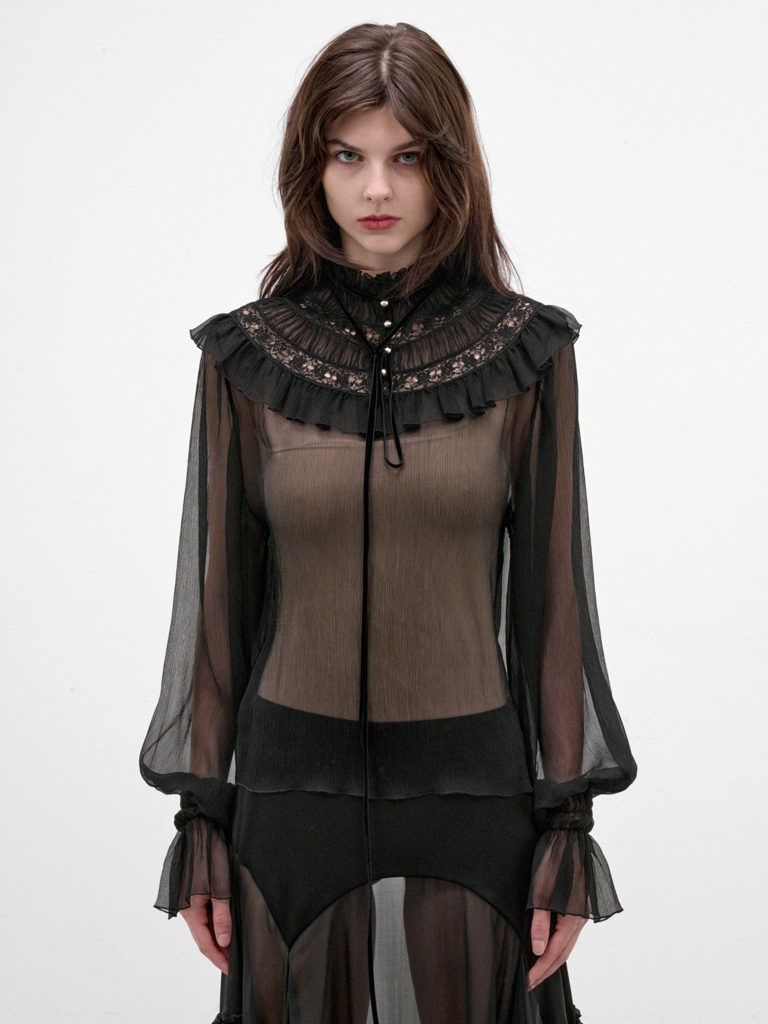 Palvi Sheer Silk Ruffled Top (B0014416-FA732-BLACK)