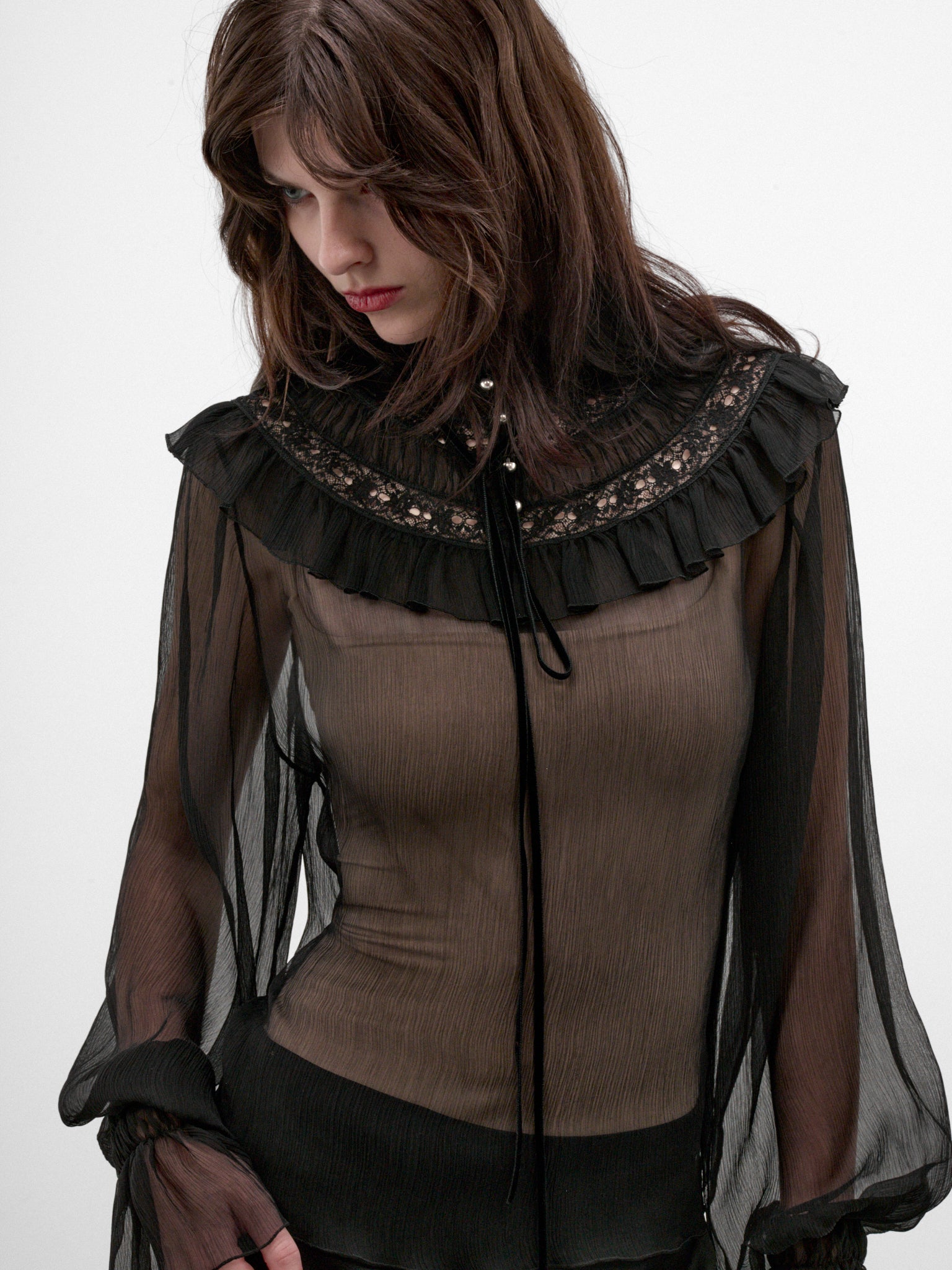 Palvi Sheer Silk Ruffled Top (B0014416-FA732-BLACK)