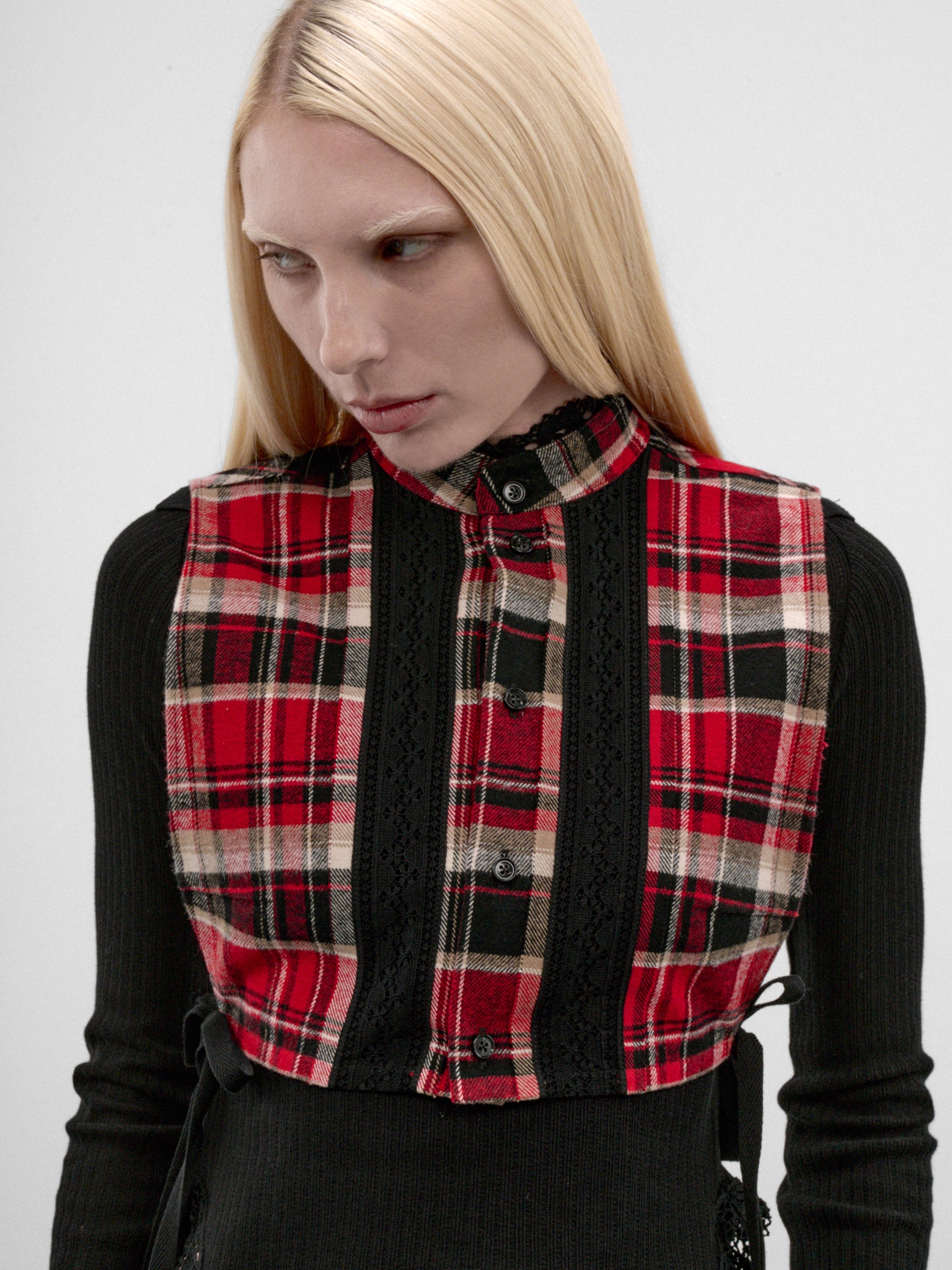 Moni Black Flannel Plastron Top (B0014419-FA751-BLACK-WHITE-RED)