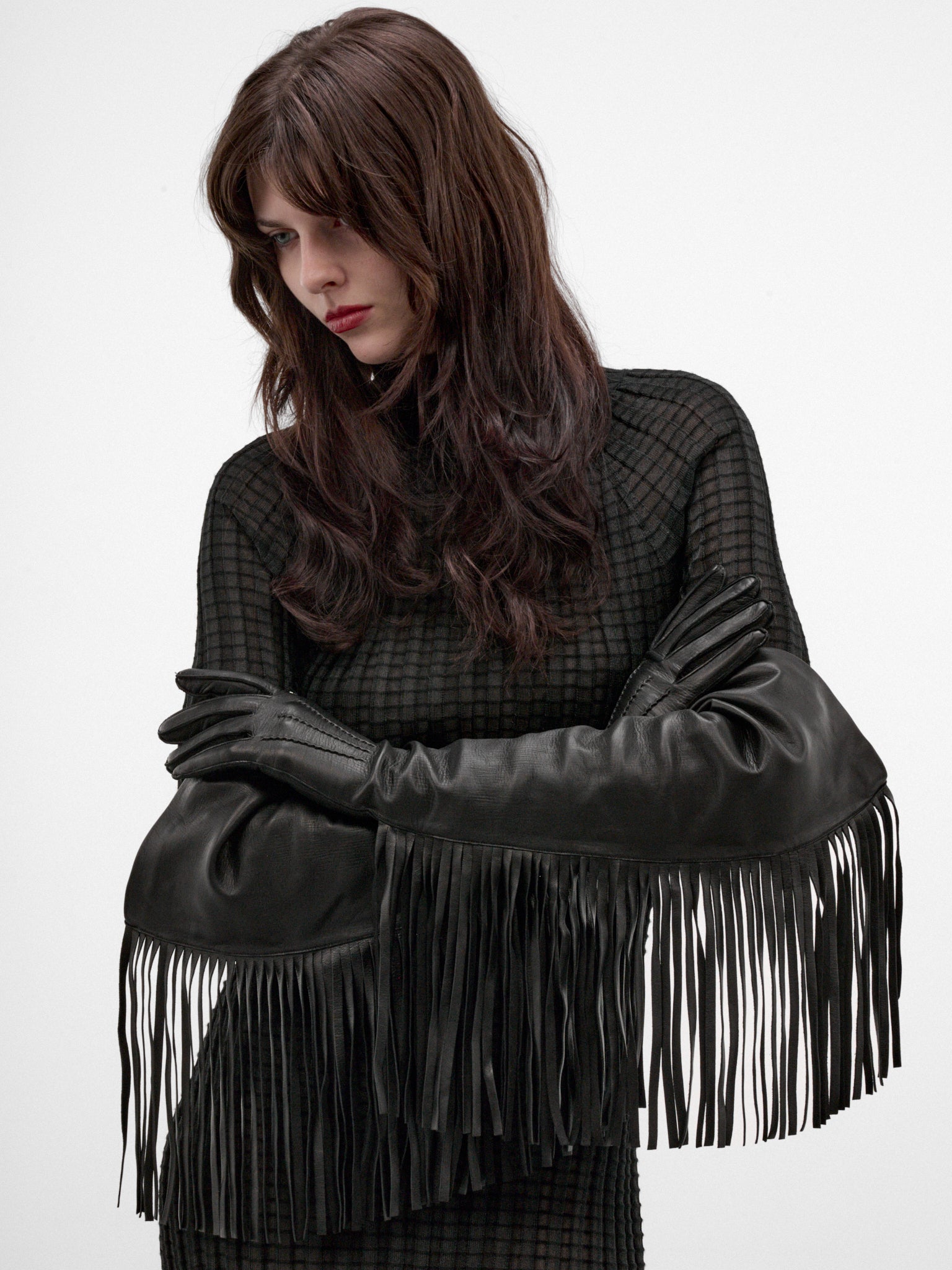 Black Fringed Flare Opera Gloves (B0014645-LT120-BLACK)