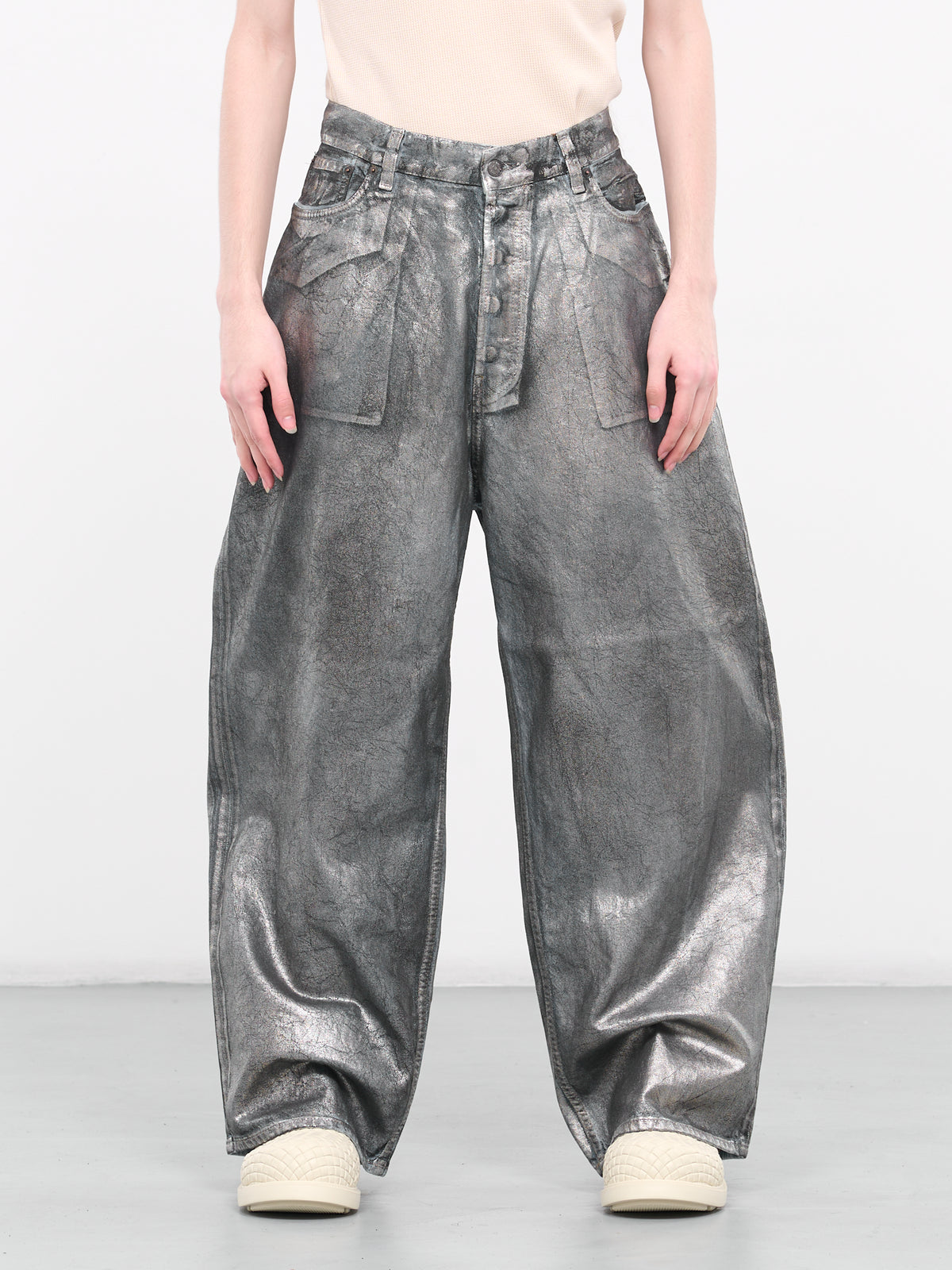Foil-Coated Super Baggy Jeans (B00346-SILVER-BLUE)