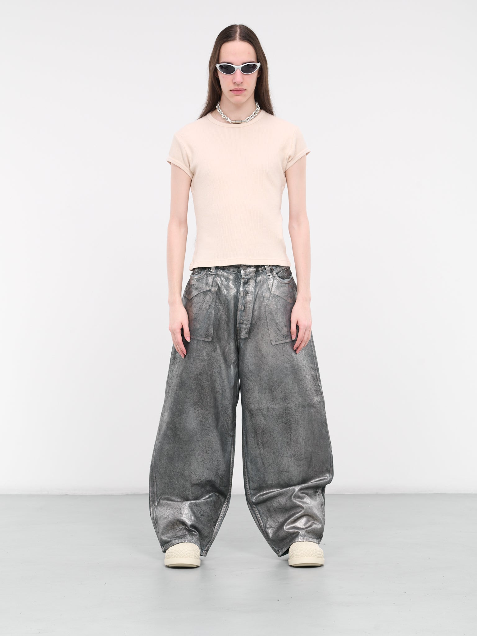 Foil-Coated Super Baggy Jeans (B00346-SILVER-BLUE)