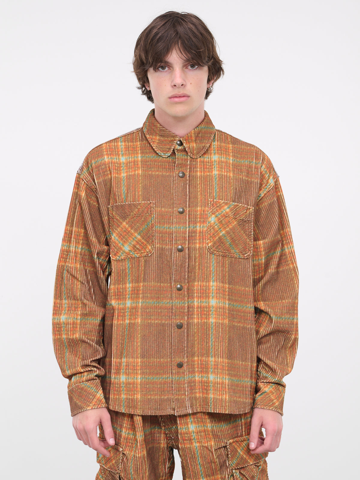 Plaid Corduory Shirt (B010-GREY-BROWN)
