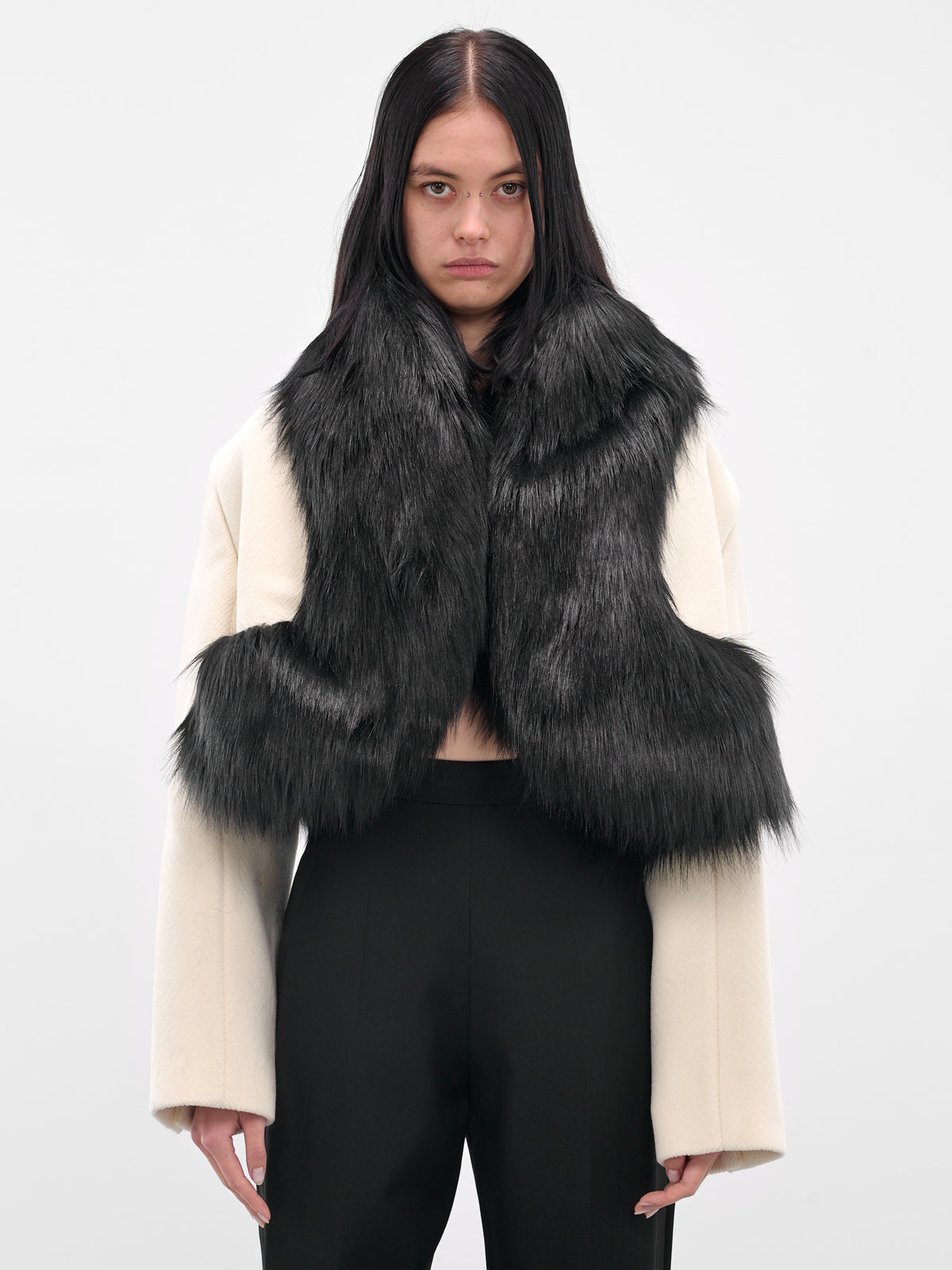 Vegan Fur Trim Cropped Coat (BA4FC01-WHITE-BLACK)