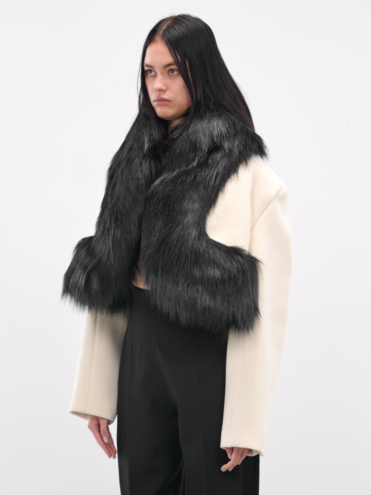 Vegan Fur Trim Cropped Coat (BA4FC01-WHITE-BLACK)