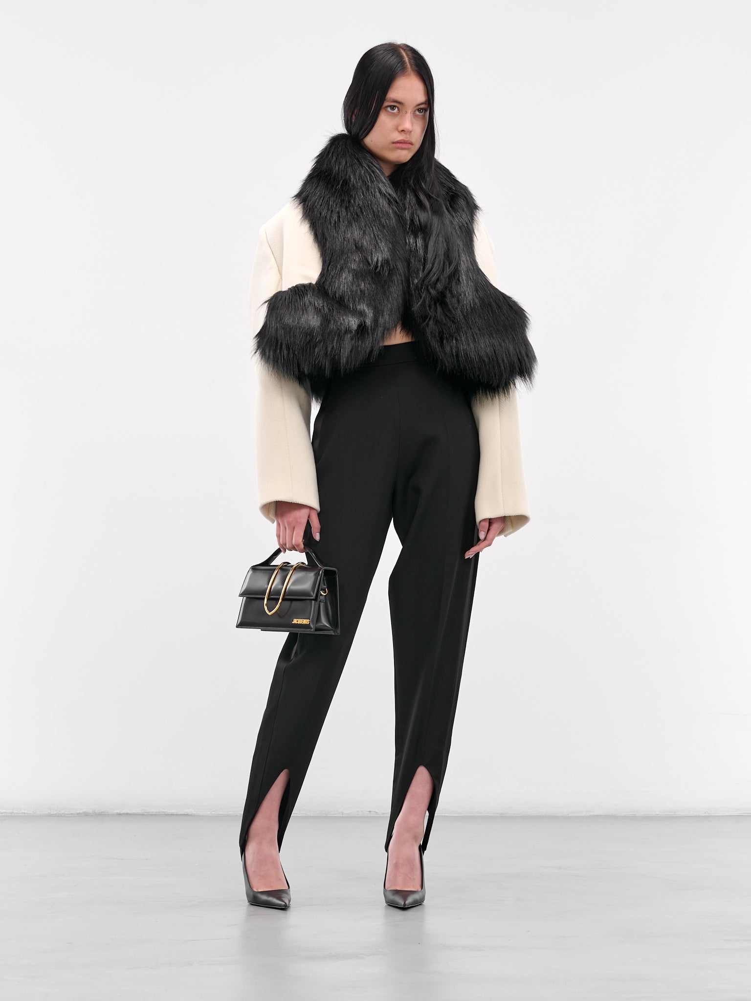 Vegan Fur Trim Cropped Coat (BA4FC01-WHITE-BLACK)