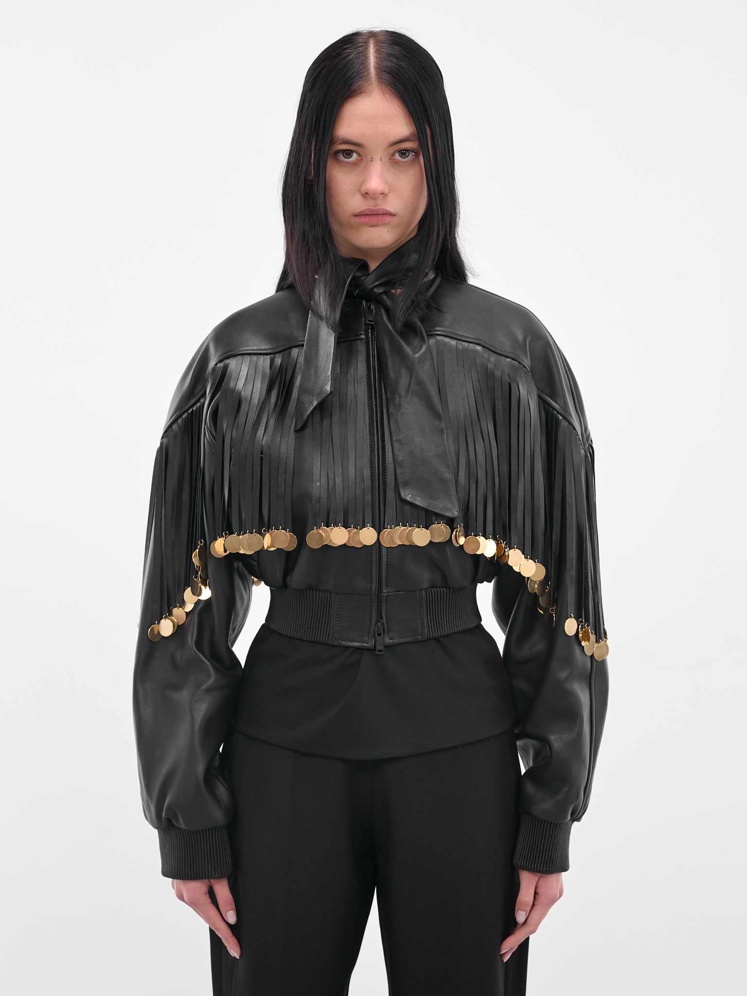 Fringed Charm Cropped Leather Jacket (BA4FC04E-BLACK)