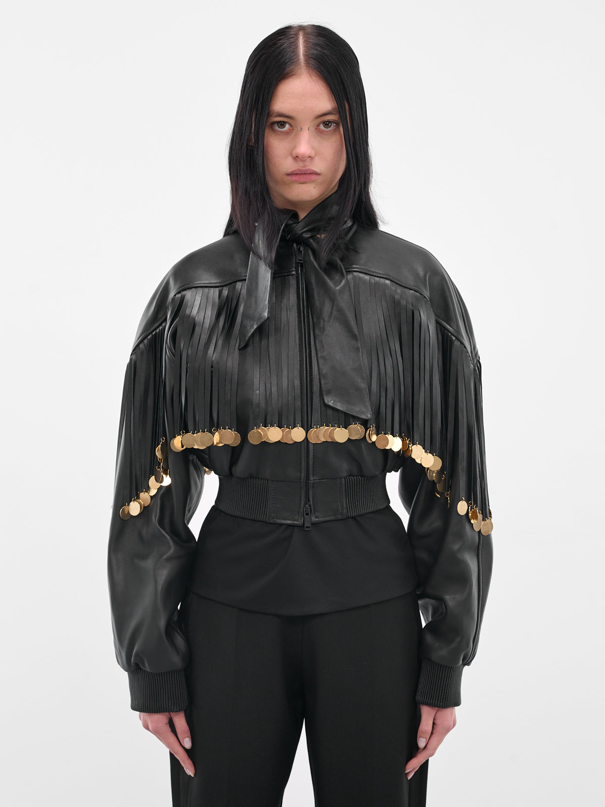 Fringed Charm Cropped Leather Jacket (BA4FC04E-BLACK)