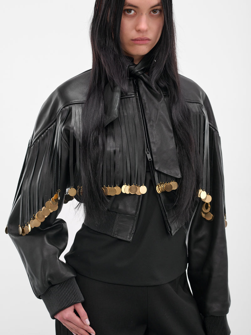 Fringed Charm Cropped Leather Jacket (BA4FC04E-BLACK)
