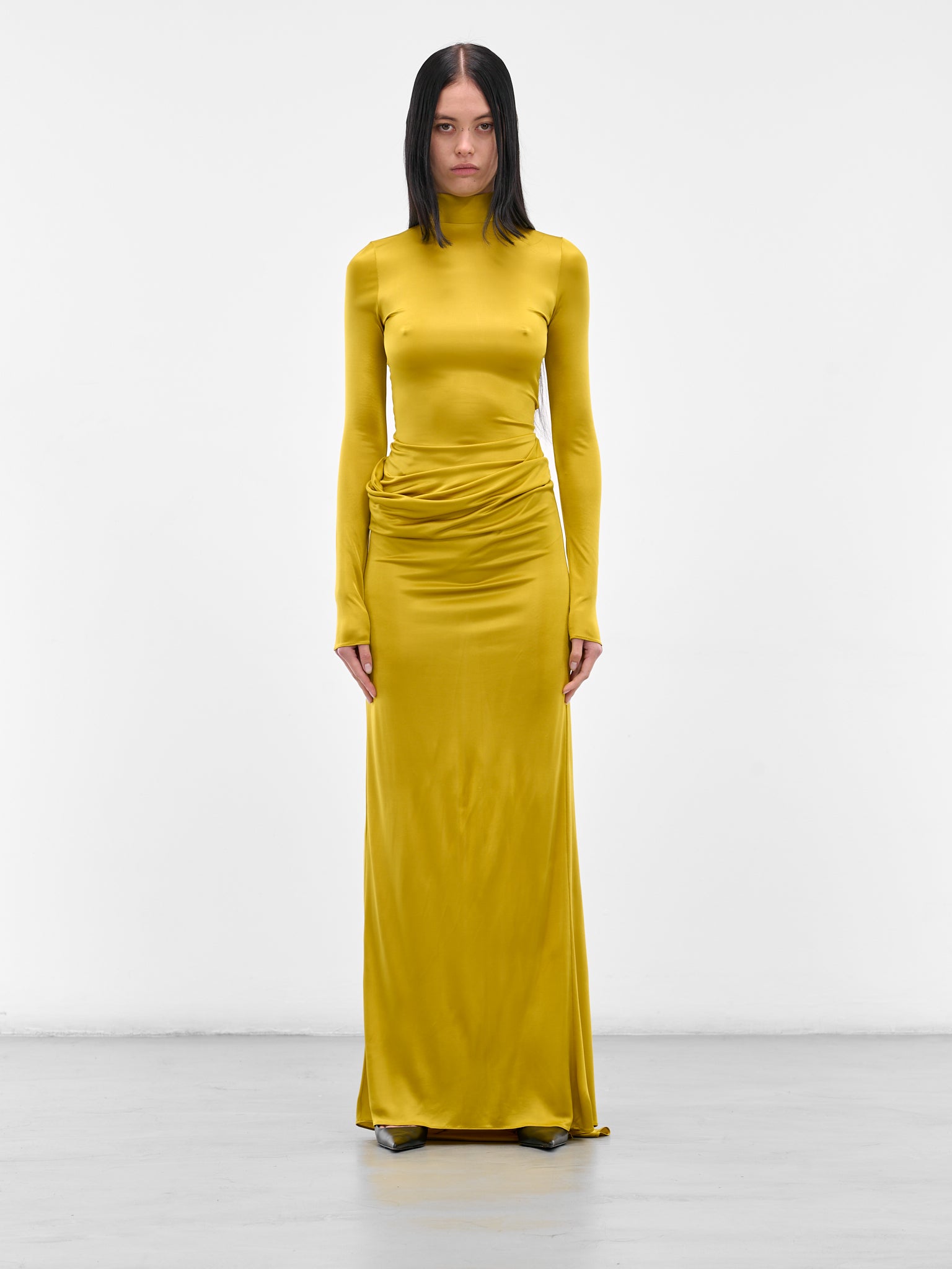 Yellow Highneck Draped Caryatide Gown (BA4FD14-CHARTREUSE)