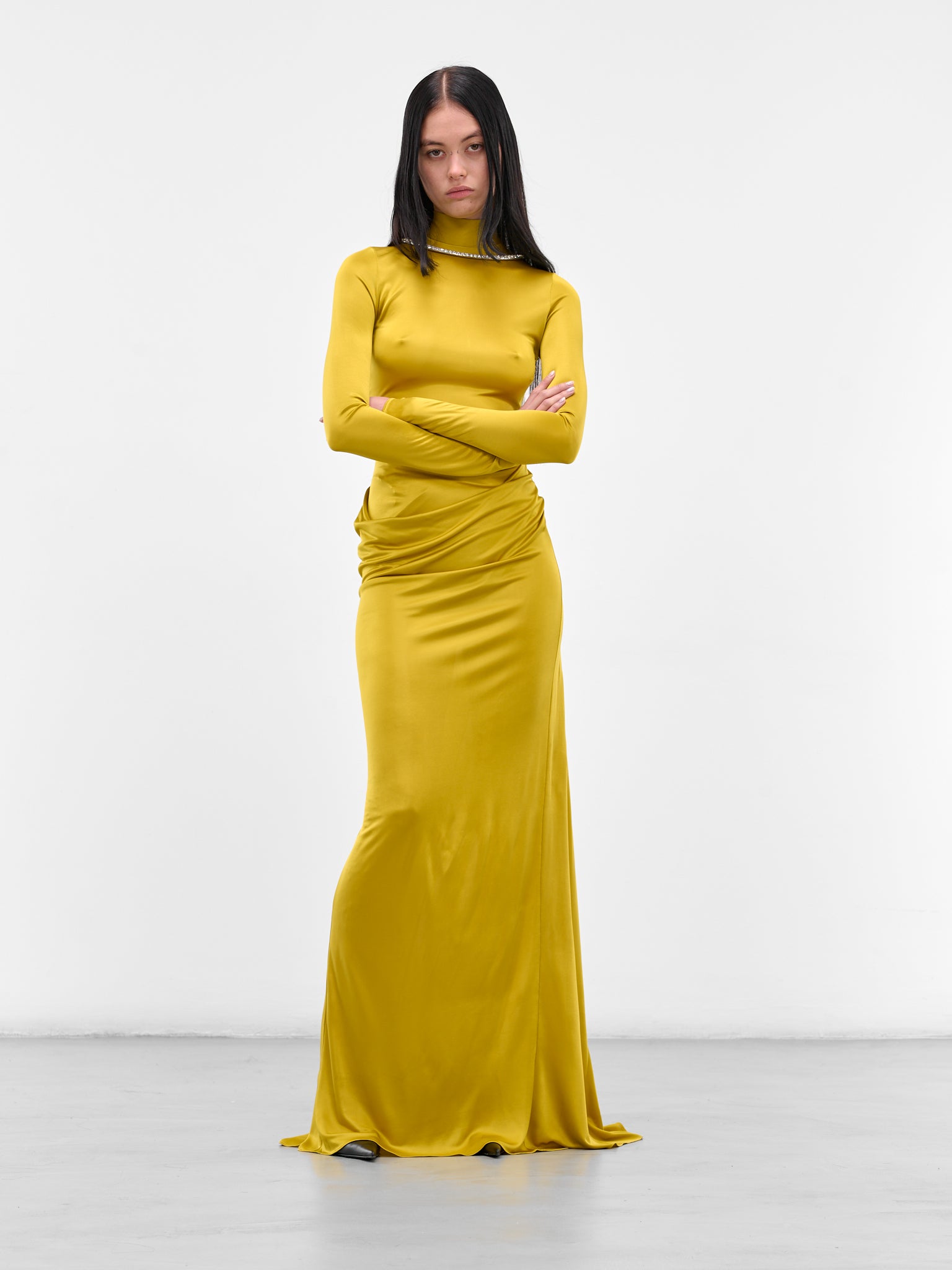 BURC AKYOL | H.Lorenzo|Yellow Highneck Draped Caryatide Gown (BA4FD14-CHARTREUSE), M / CHARTREU BURC AKYOL | H.Lorenzo|Yellow Highneck Draped Caryatide Gown (BA4FD14-CHARTREUSE), M / CHARTREU