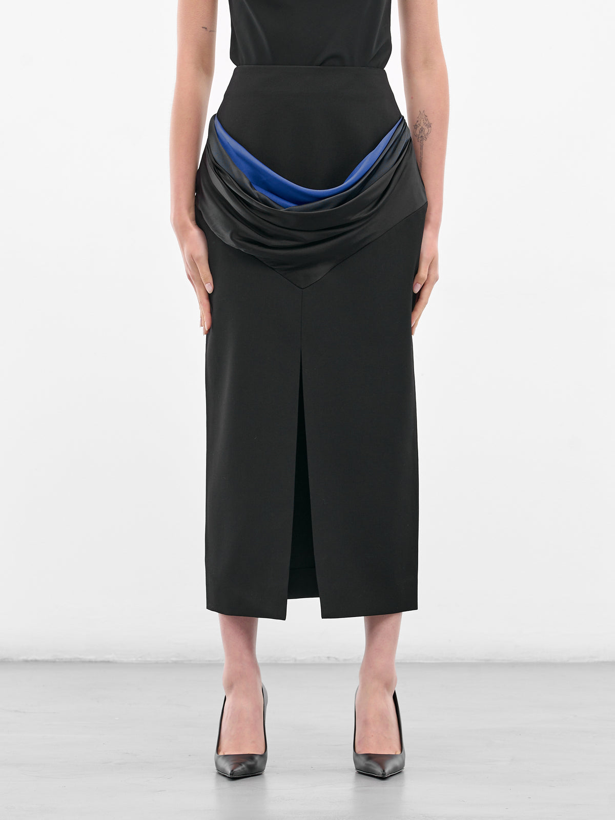 Black Satin Draped Midi Skirt (BA4FSK05-BLACK-N-BO)