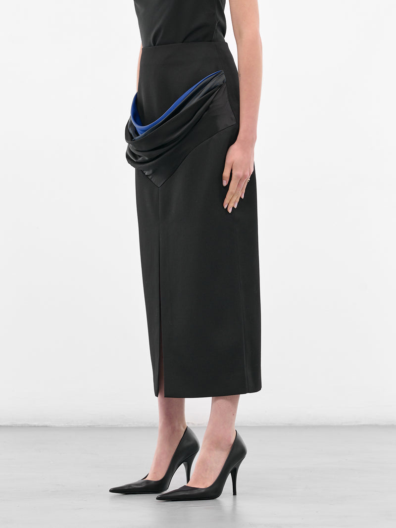 Black Satin Draped Midi Skirt (BA4FSK05-BLACK-N-BO)