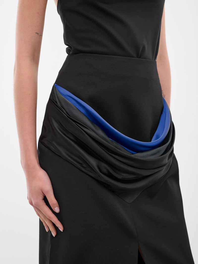 Black Satin Draped Midi Skirt (BA4FSK05-BLACK-N-BO)
