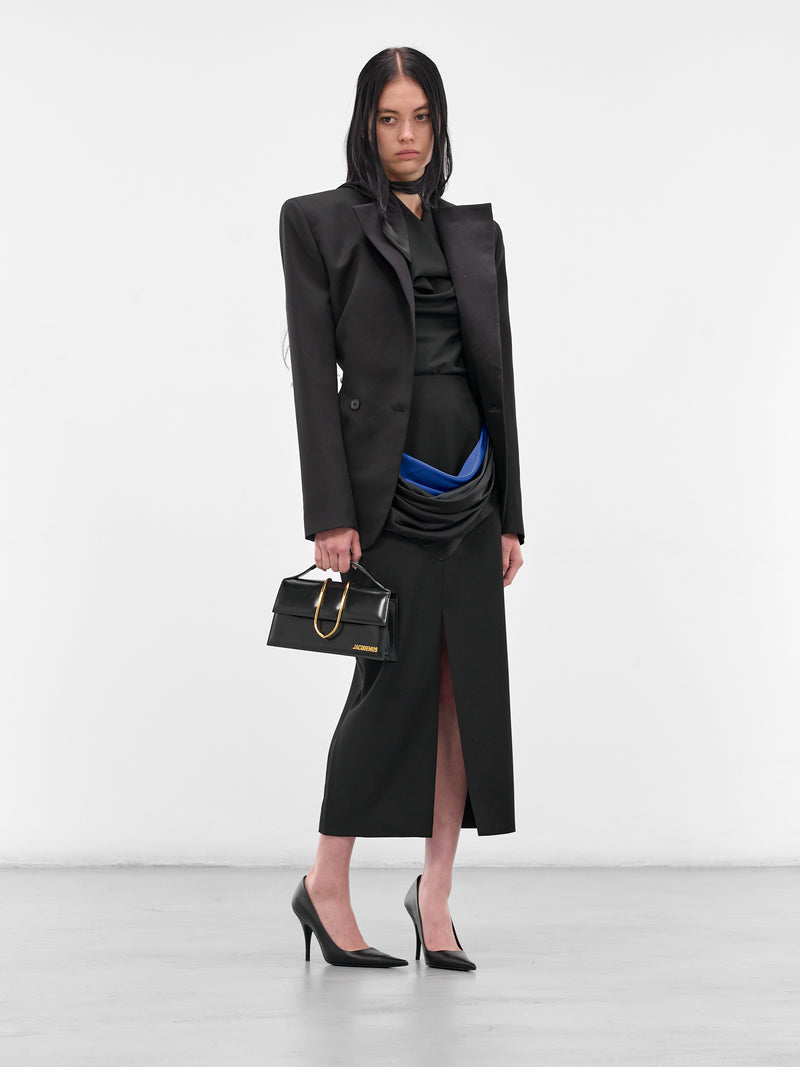 Black Satin Draped Midi Skirt (BA4FSK05-BLACK-N-BO)