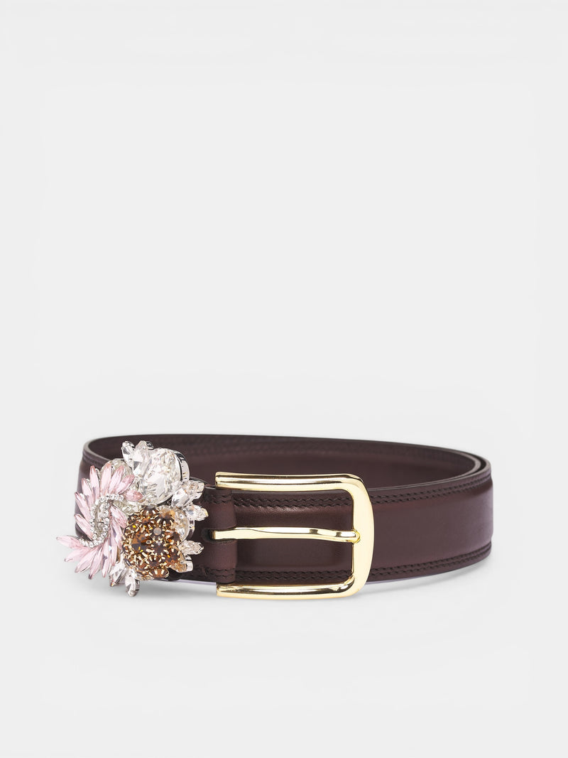 Brown Crystal Brooch Leather Belt (BE01-COL1-BROWN-PINK-CRYSTAL)
