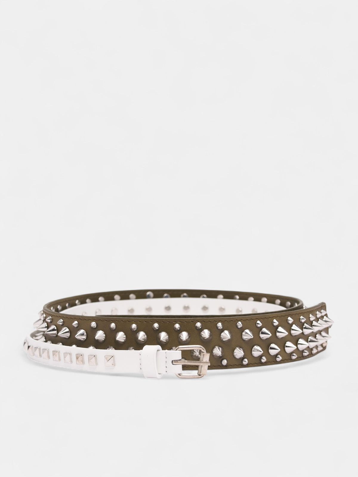 Leather Studded Triple Belt (BE01FW5-ARMY-GREEN-WHITE)