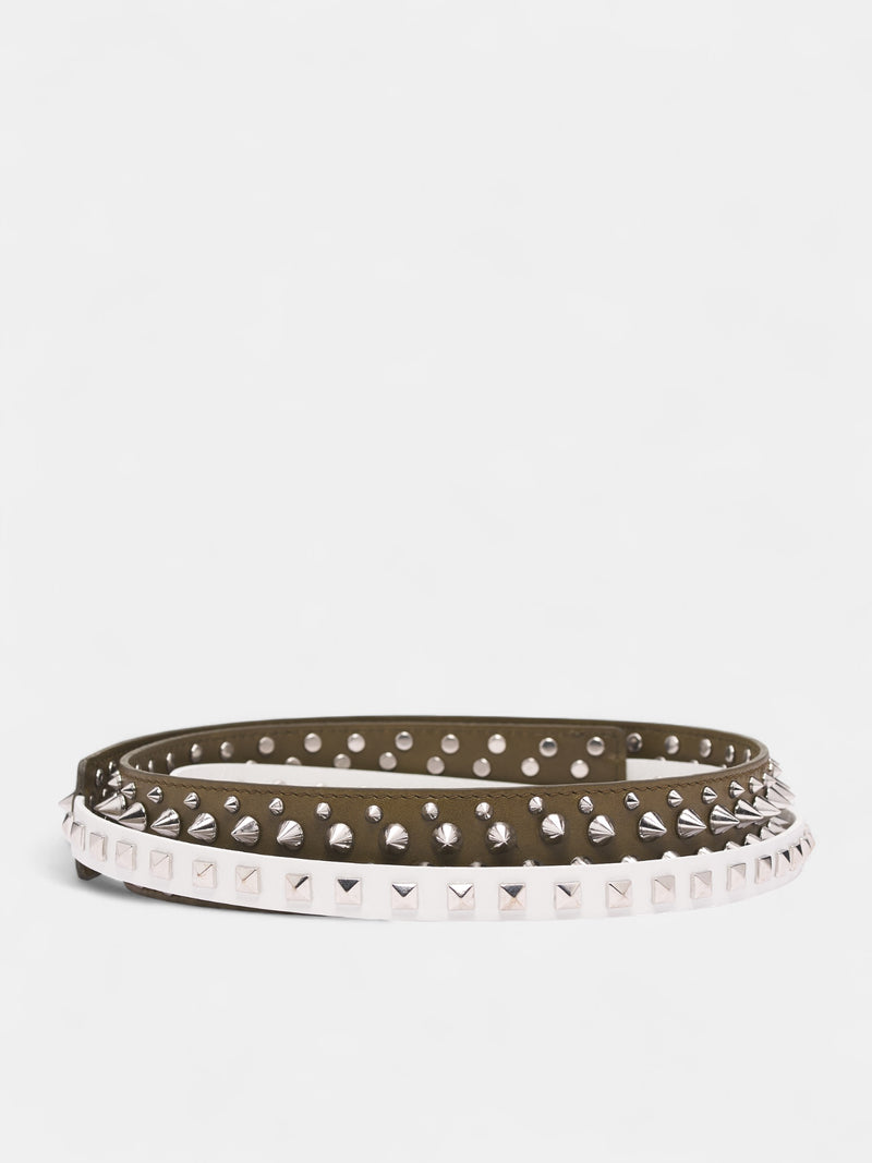 Leather Studded Triple Belt (BE01FW5-ARMY-GREEN-WHITE)