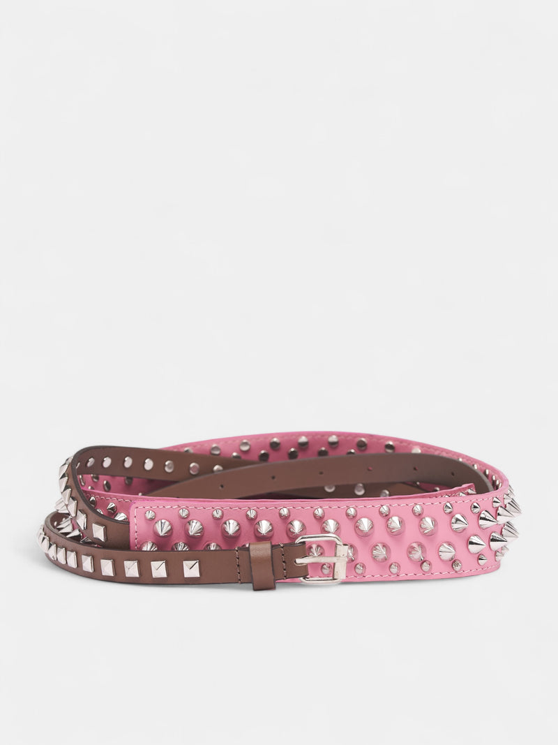 Leather Studded Triple Belt (BE02FW5-ARMY-GREEN-PINK)