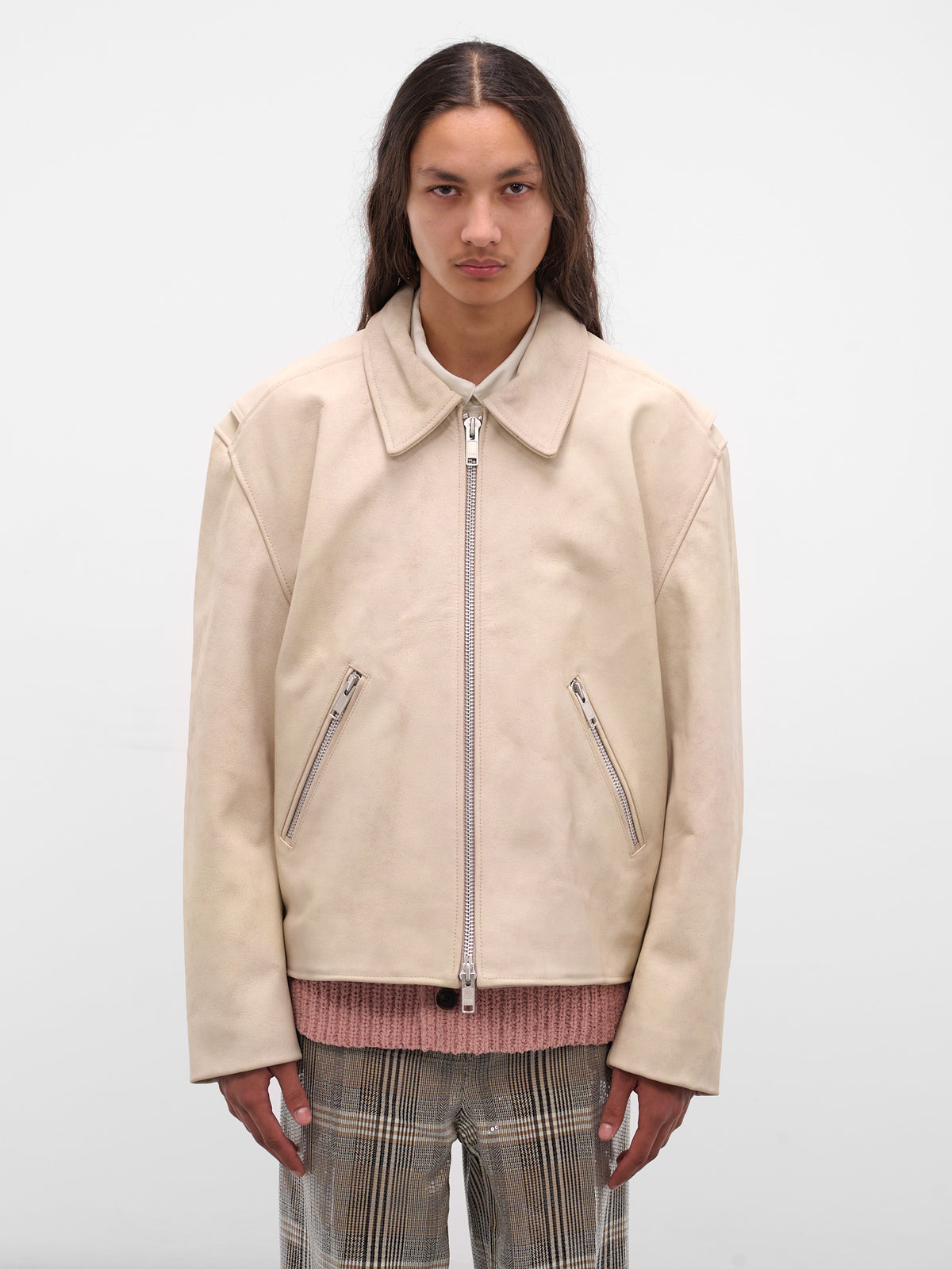 Beni White Cropped Leather Jacket (BENI-M25W2005-CRACKED-WHITE)