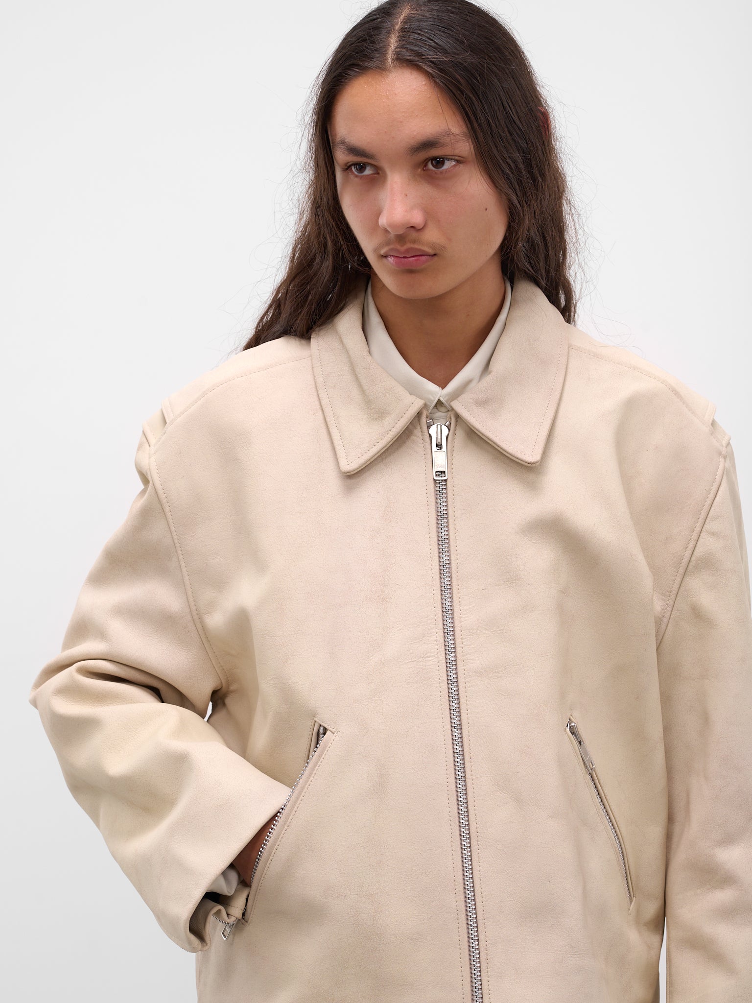 Beni White Cropped Leather Jacket (BENI-M25W2005-CRACKED-WHITE)