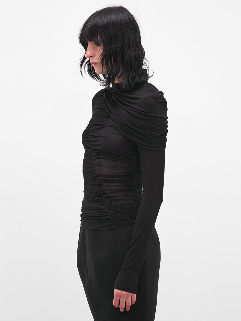 Black Mesh Ruched Cape Blouse (BLOUSE-06-BLACK)