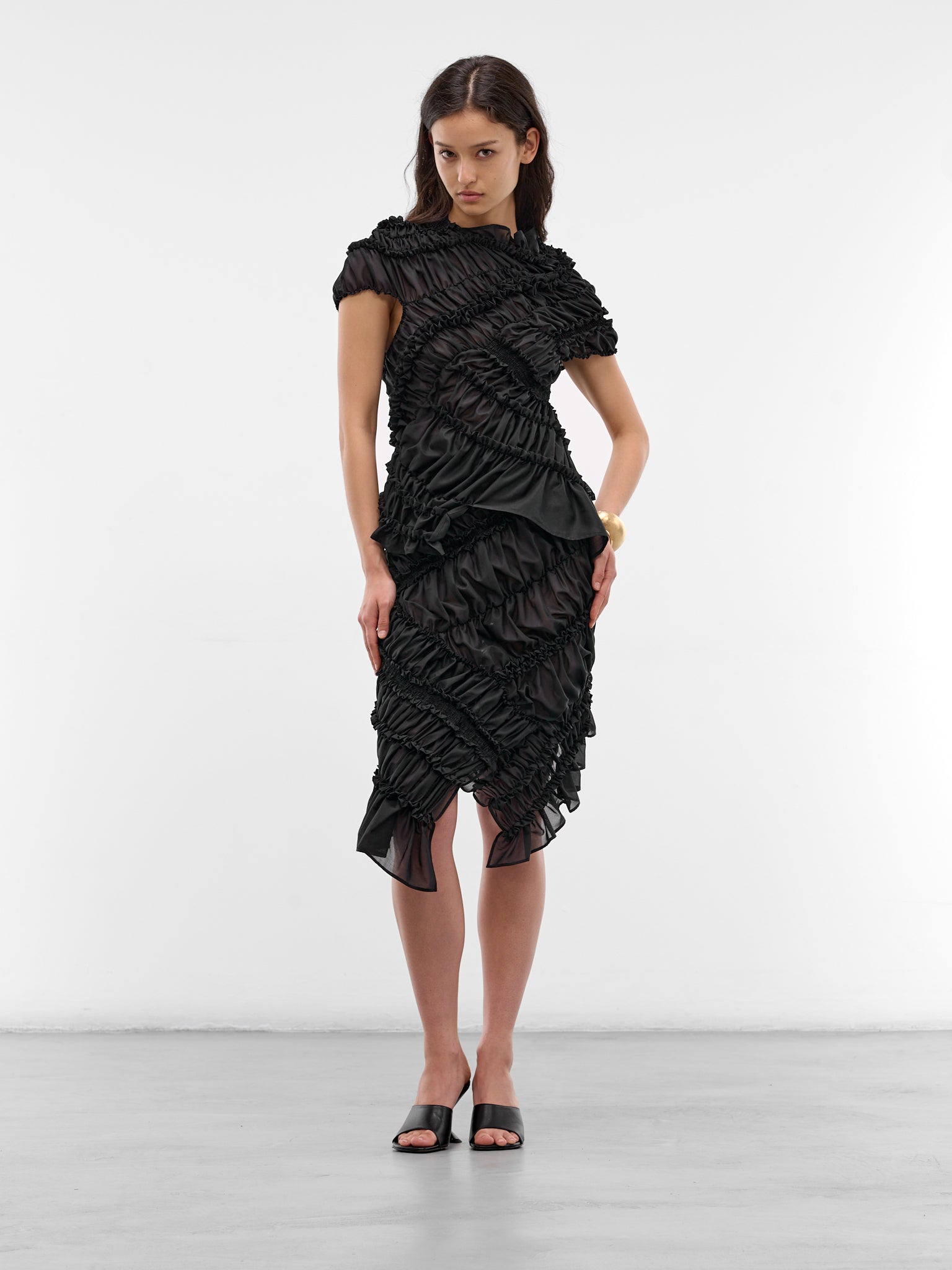 Black Cotton Ruffle Ruching Skirt (SKIRT03-BLACK)