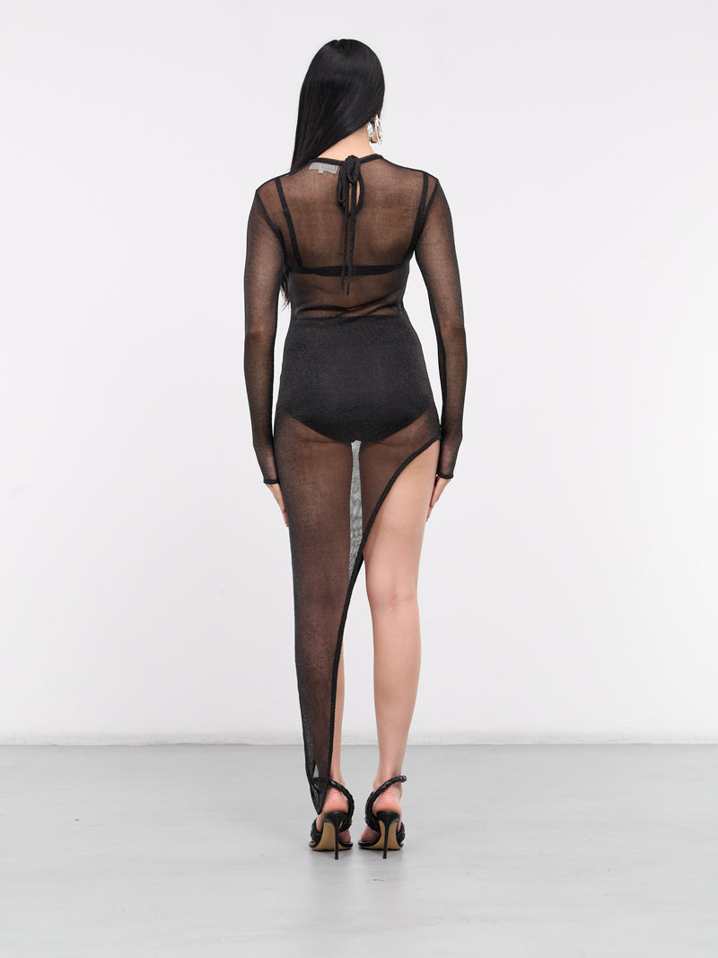 Boat Neck Slanted Mesh Dress (BNSMD-BLACK)