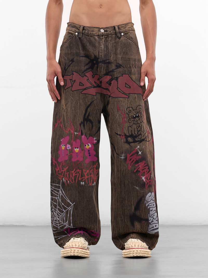 Brown Denim Graffiti Baggy Jeans (BUPA0104-BROWN)