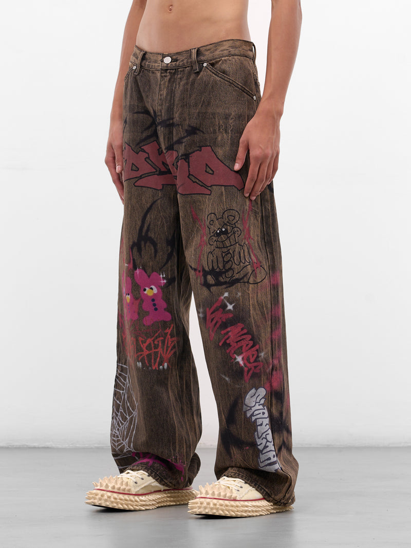 Brown Denim Graffiti Baggy Jeans (BUPA0104-BROWN)